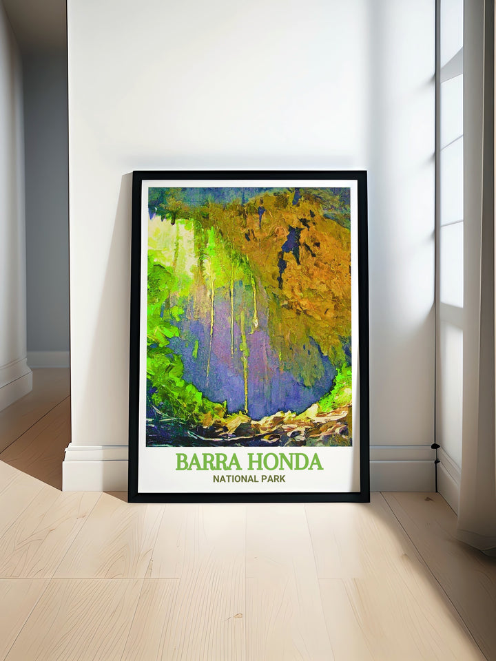 Terciopelo Cave Wall Art showcases the stunning underground formations of Terciopelo Cave within Barra Honda National Park. This Costa Rica poster is ideal for nature enthusiasts, offering a detailed depiction of the intricate stalactites and stalagmites that make this cave a must see.