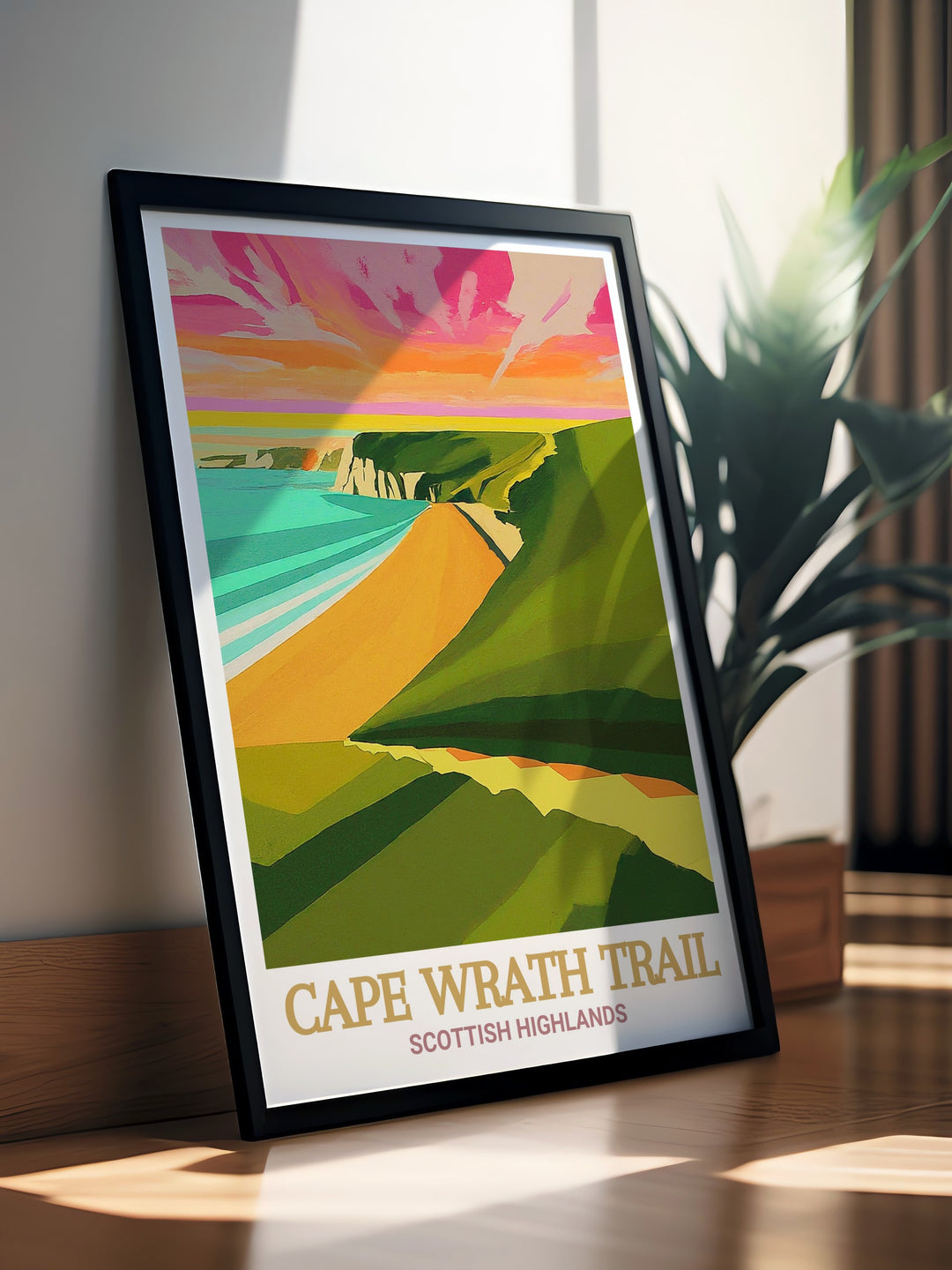 Cape Wrath Trail Travel Print celebrates the rugged beauty of Scotlands Highlands, featuring the iconic Cape Wrath Trail and the dramatic landscapes of Sandwood Bay. Ideal for adventurers, this print brings the spirit of exploration to any room.