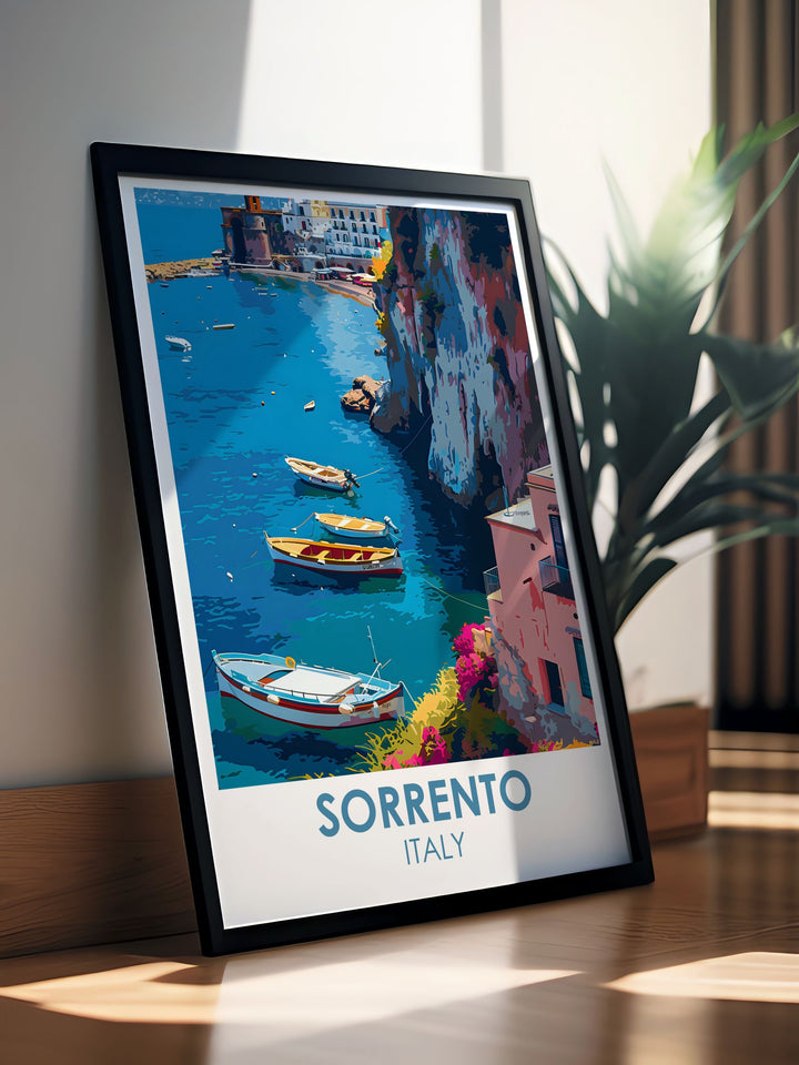 Elegant Sorrento poster featuring Marina Grande mountain and the bustling harbor of this charming Italian town. This Italy wall art is perfect for those who appreciate fine art and want to add a piece of Italys coastal beauty to their home or office decor.