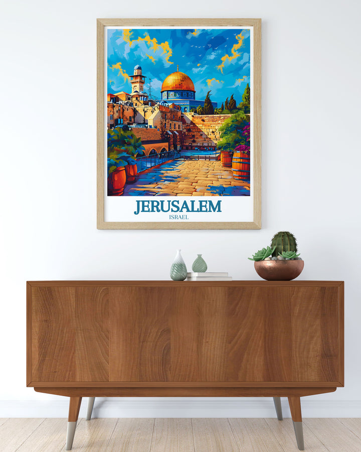 Highlighting the serene beauty of the Western Wall, this travel poster captures its ancient stones and the devotion of countless pilgrims. Perfect for those who appreciate spiritual sites, this artwork brings the essence of Jerusalem into your living space.
