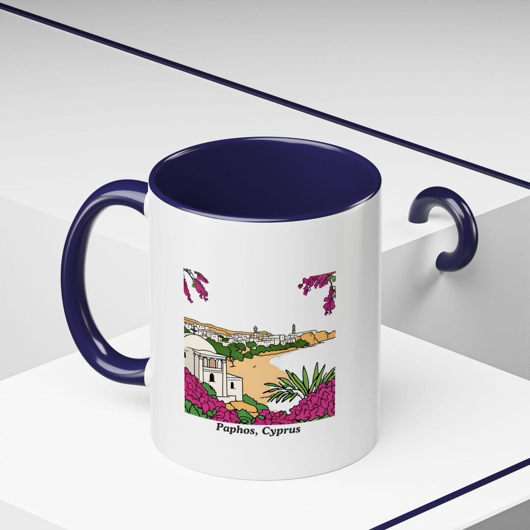 A colorful Paphos Cyprus Mug designed with vibrant artwork that reflects the beauty of Paphos's landmarks and Mediterranean vibe. Dishwasher safe, it is ideal for coffee lovers and collectors alike.