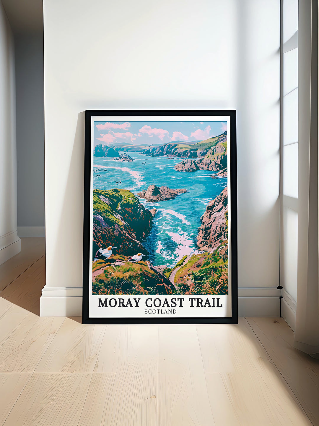 North Sea Vintage Poster evoking the timeless allure of Scotlands maritime heritage. The poster features a classic representation of the North Seas powerful waves crashing against the Moray Coast, ideal for lovers of vintage travel art.