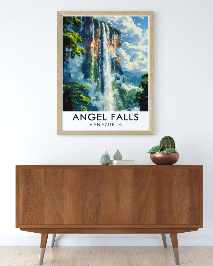 A vivid and captivating Angel Falls poster that highlights the sheer height and grandeur of this natural wonder. Perfect as a gift for adventurers or anyone who appreciates the beauty of untouched landscapes, it brings the spirit of Venezuela into any space.