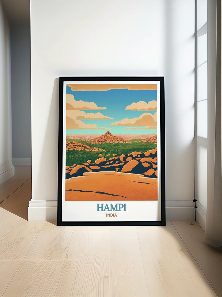 Beautiful Hampi art print showcasing the stunning sunrise and ancient ruins of Matanga Hill. This vibrant and detailed illustration captures the essence of Hampis rich history and serene landscapes, perfect for adding a touch of Indian heritage to your home.