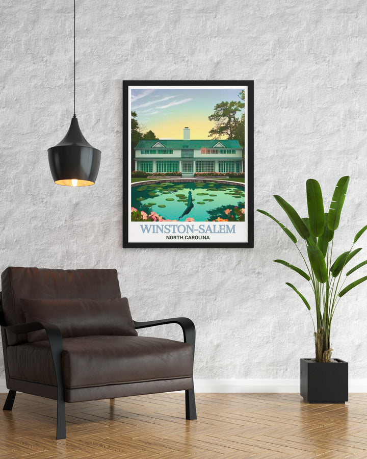 Reynolda House Museum of American Art wall art featuring a detailed illustration of the landmark. This print captures the essence of Winston Salems artistic charm and the serene beauty of the museum, perfect for any art lovers home decor.