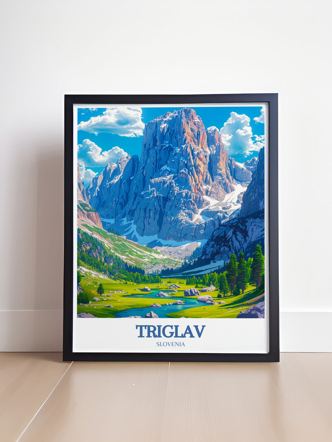 Triglav Peak wall art featuring the iconic Mount Triglav and the picturesque Lake Bled Slovenia offering a timeless retro design that complements any room bringing a sense of tranquility and adventure to your living space.