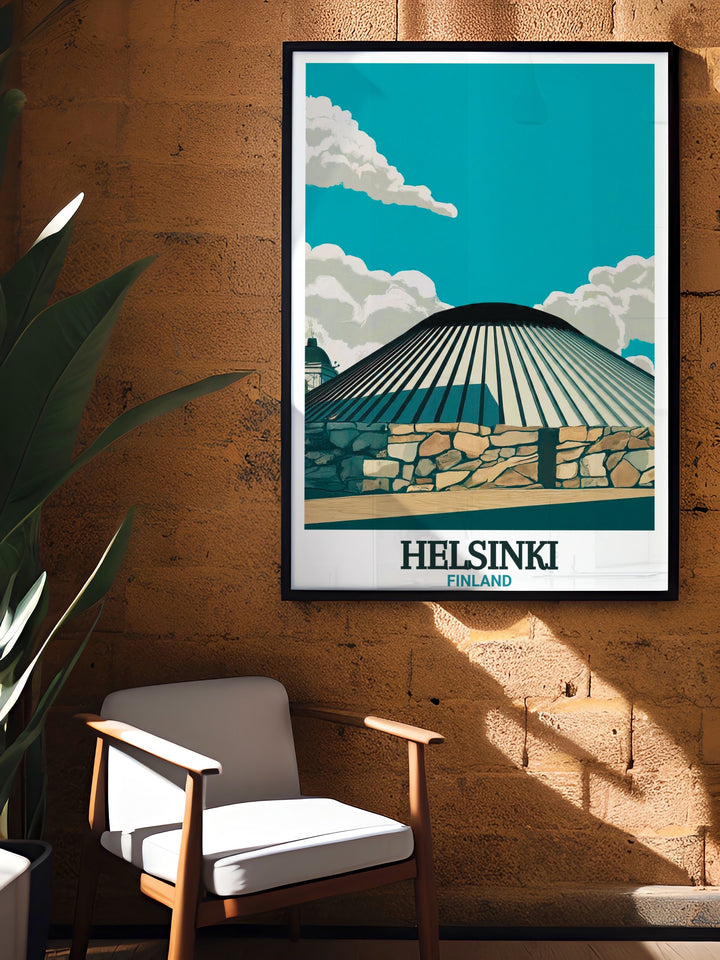 Our Temppeliaukio Church travel print offers a beautiful representation of Helsinkis iconic Rock Church. This Finland canvas art showcases the churchs natural granite structure, blending modern design with natural elements, perfect for any art or architecture enthusiast.