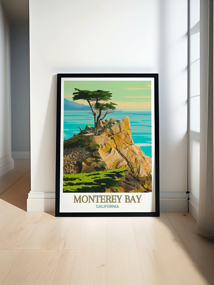 Scenic wall art of the 17 Mile Drive, featuring vibrant colors and detailed landscapes of Monterey Bay in California. An exquisite addition to any decor. This print brings the tranquil beauty of the California coast into your home, providing a constant reminder of its natural charm.