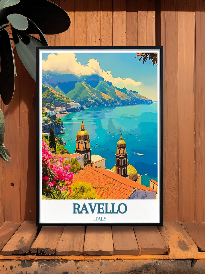 Southern Italy art featuring the picturesque Villa Rufolo Amalfi coast. This stunning print captures the villas timeless beauty and is perfect for those looking to enhance their home decor with elegant and sophisticated artwork