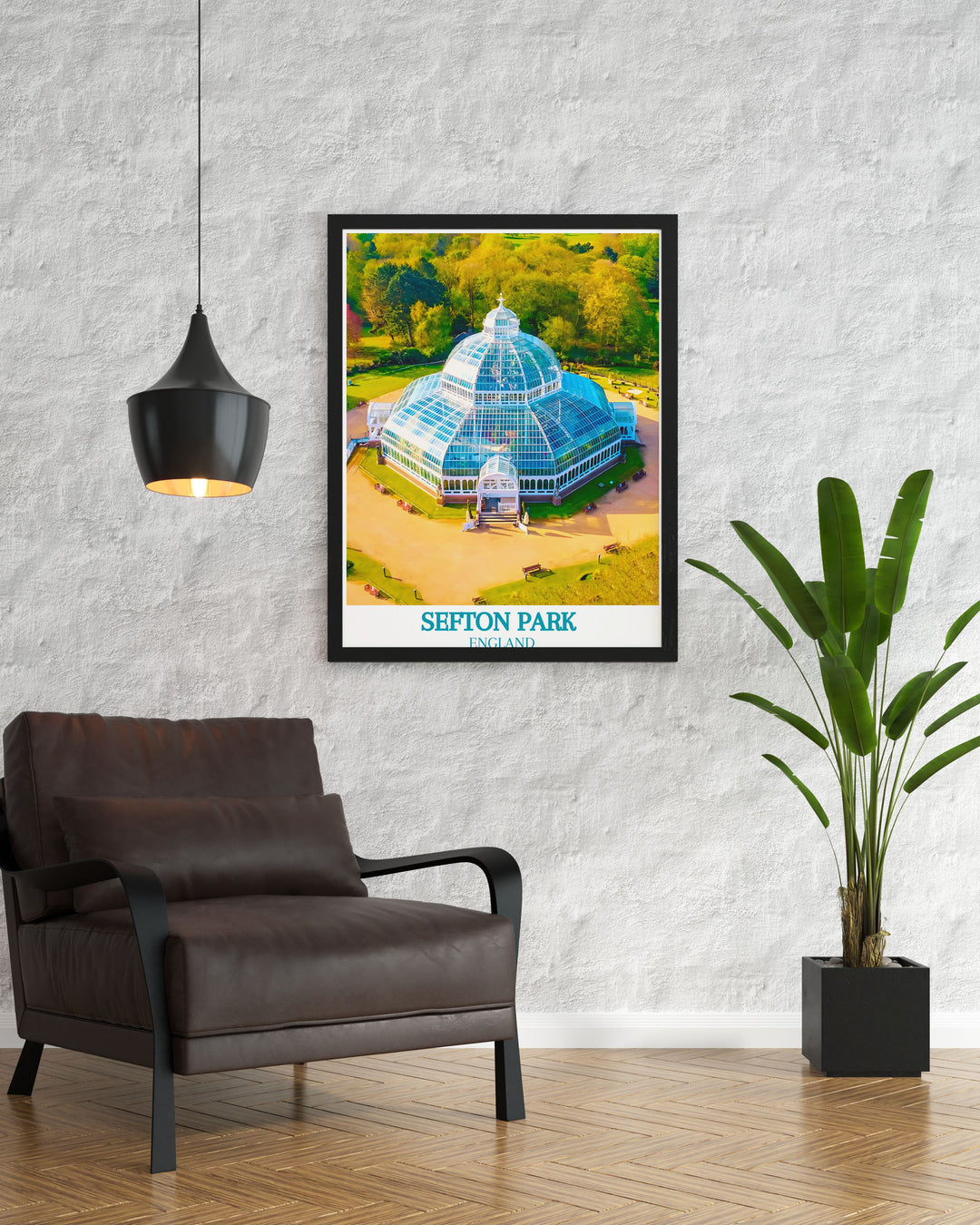 Vintage travel print showcasing the beauty of Liverpools Sefton Park and the majestic Palm House. This artwork brings the serene charm of Liverpools green spaces into your home making it an ideal gift for nature lovers and travelers.