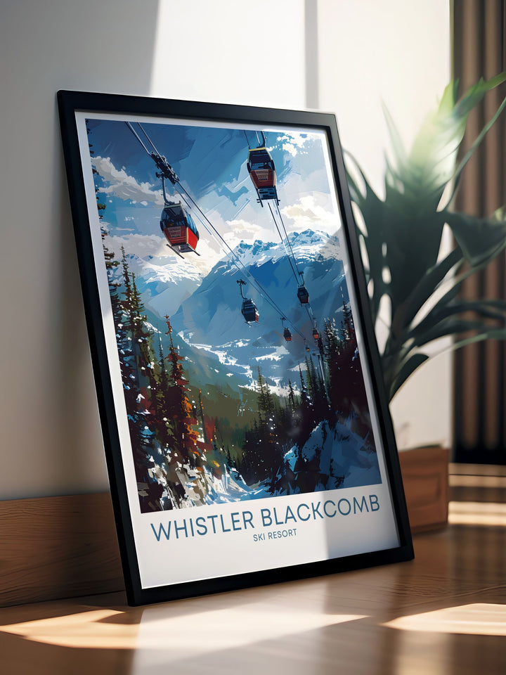 Whistler Blackcomb print featuring the iconic Peak 2 Peak Gondola. This framed print is perfect for winter sports enthusiasts and makes an excellent snowboarding gift or addition to any vintage ski poster collection.