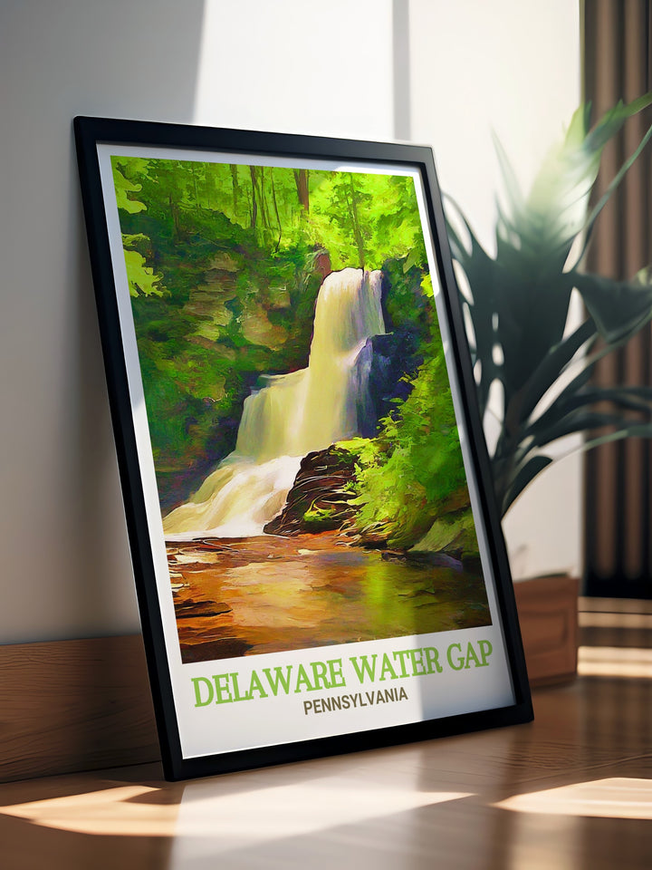 This travel poster captures the tranquil and awe inspiring landscape of the Delaware Water Gap, highlighting its dramatic cliffs and reflective waters. Perfect for creating a calming atmosphere in any room, this piece is a tribute to Pennsylvanias natural beauty.