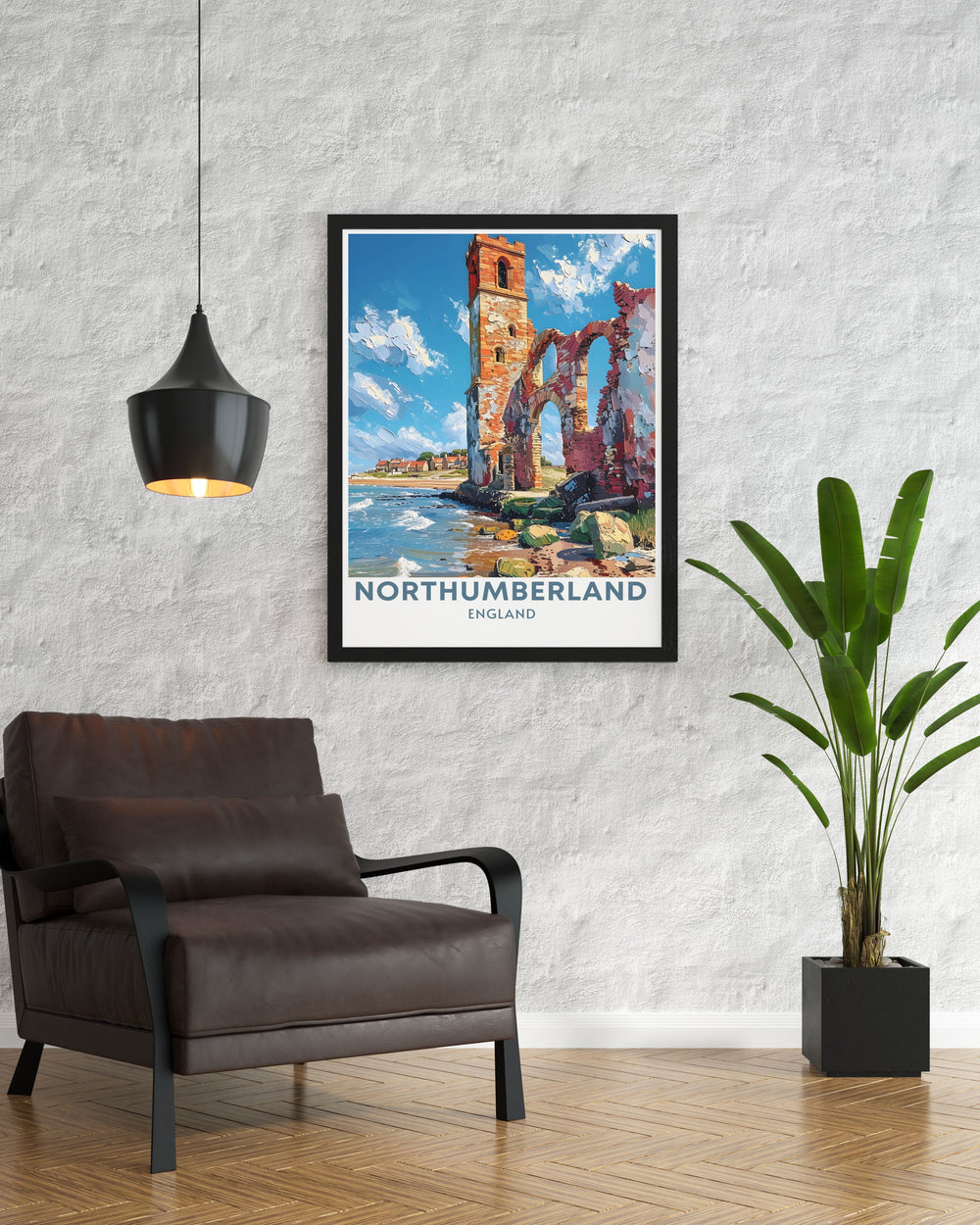 Retro railway print capturing the picturesque harbor of Seahouses with Holy Island in the background. This detailed artwork brings the timeless beauty of North Northumberland into your home and is ideal for any art collection.