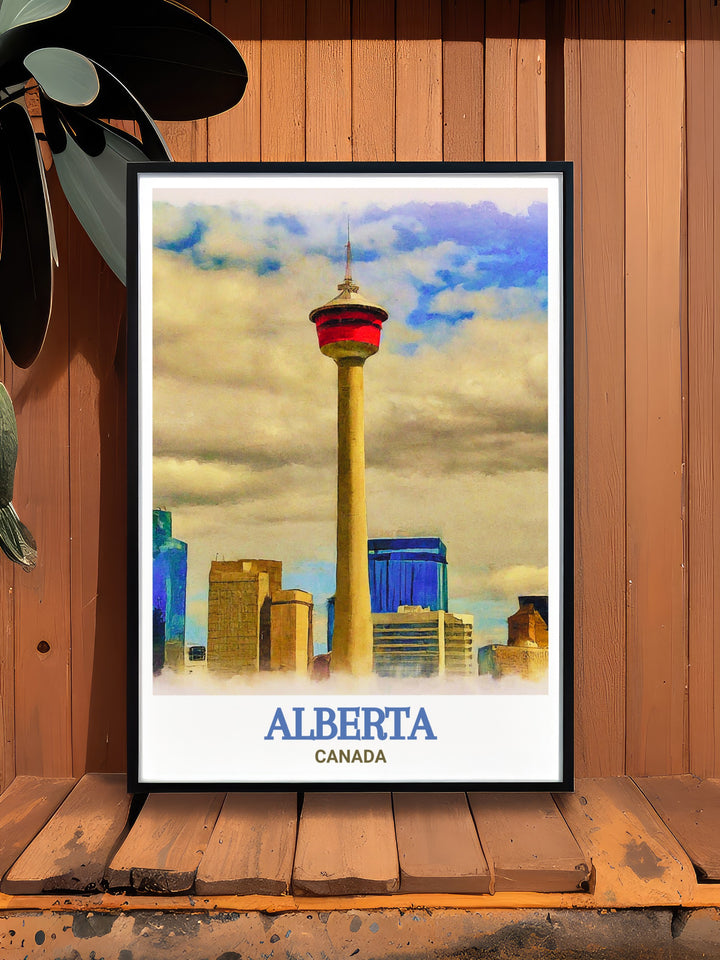 Scenic art print of Calgary Tower, showcasing the tower's elegant structure and the lively cityscape of Calgary. A perfect addition to any art collection or as a thoughtful gift.