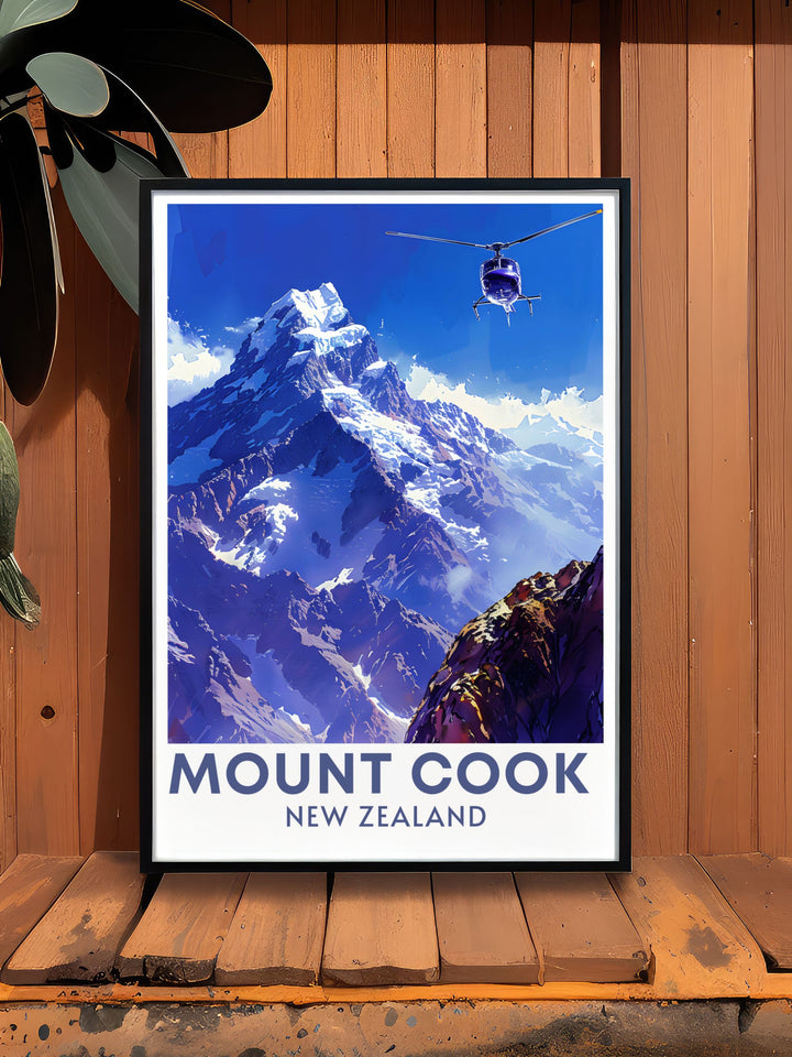 Aoraki Mount Cook framed print that brings the majesty of New Zealands tallest mountain into your living space making it a perfect gift for anyone who appreciates the beauty of national parks and vintage travel aesthetics