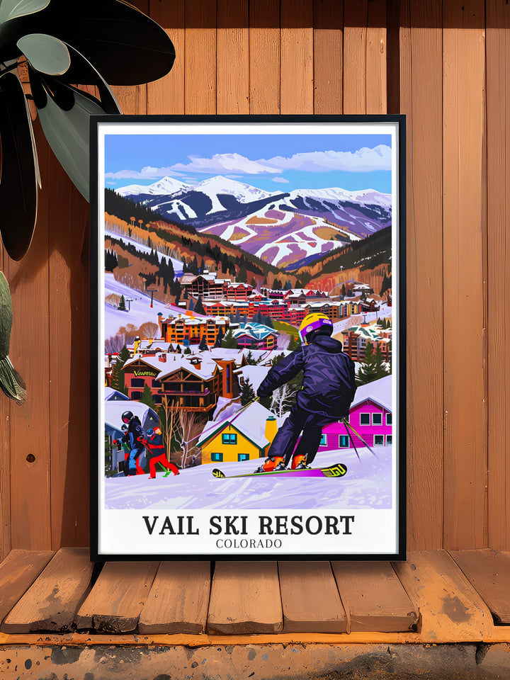 Celebrate your love for skiing with this Vail Ski Resort poster, showcasing Golden Peak Terrain Park and Vail Mountain. Whether youve skied these slopes or simply admire Colorados scenic beauty, this artwork is perfect for your home.