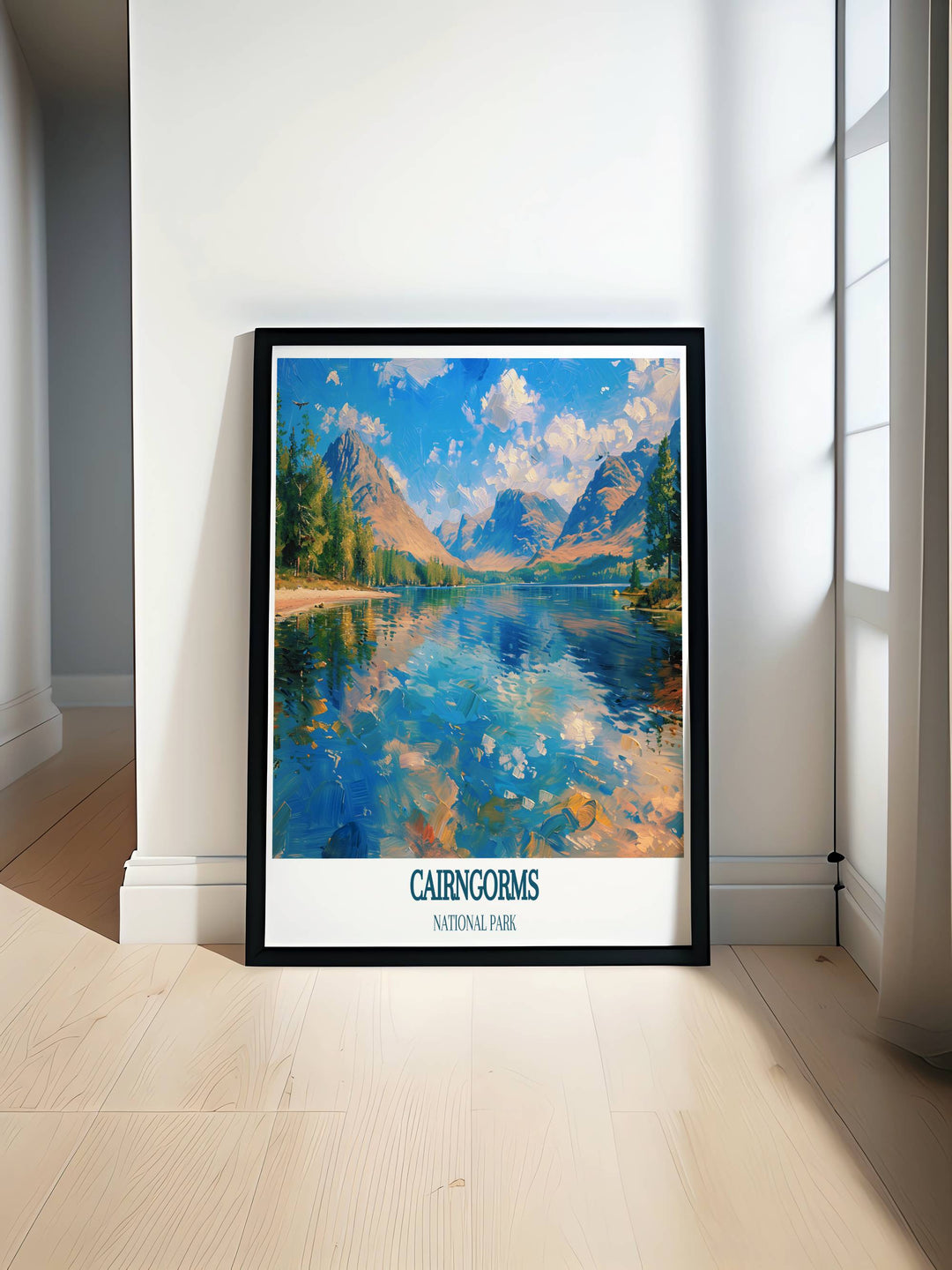 Cairngorms Poster featuring the majestic landscapes of Scotland with Loch Morlich in the background. Perfect for home decor and gifts, this vintage travel print captures the beauty of the Scottish Highlands.