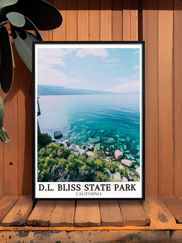 Rubicon Point Lake Tahoe modern prints are the perfect addition to your home decor. Featuring Bliss State Park these California art prints capture the beauty of Lake Tahoes landscapes making them an ideal choice for those who love the great outdoors