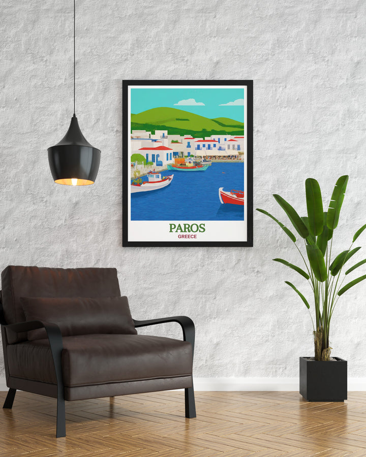 Experience the timeless beauty of Greeces Cyclades with this framed art of Naoussa Harbor, Paros. The classic framing and high quality print make it a thoughtful gift for anyone who loves the Mediterranean.