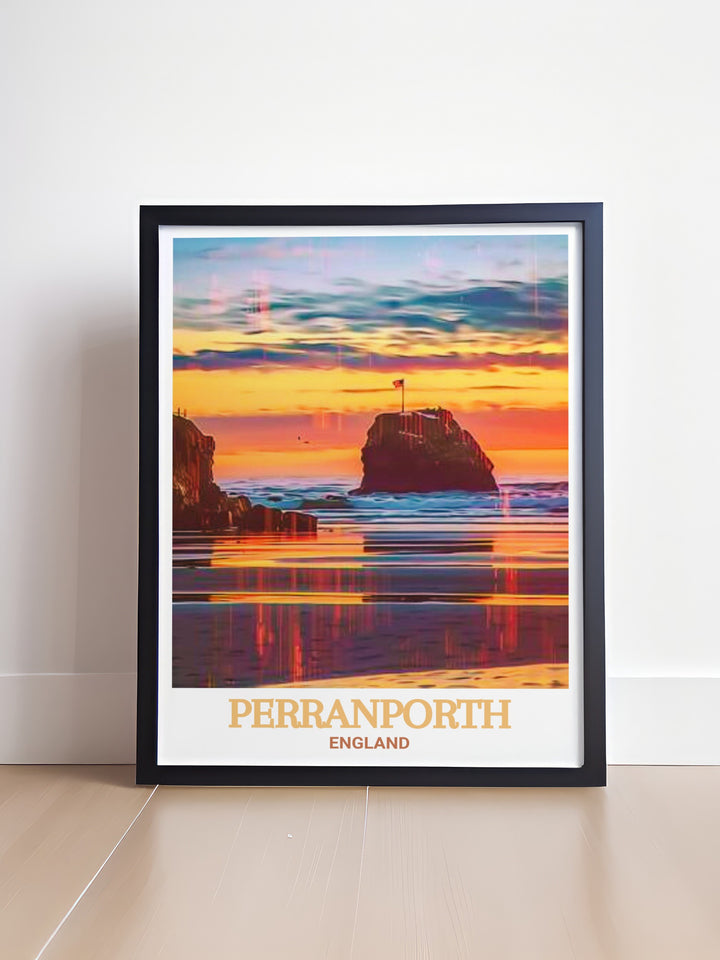 England travel poster featuring the picturesque Chapel Rock at Perranporth. Ideal for adding a touch of England's coastal charm to your decor. This print captures the essence of the scenic coastal landmark.