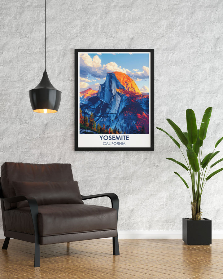 This vintage inspired poster features Yosemites Half Dome, capturing its iconic shape and the surrounding natural beauty, making it a must have for fans of retro travel art and national park enthusiasts.