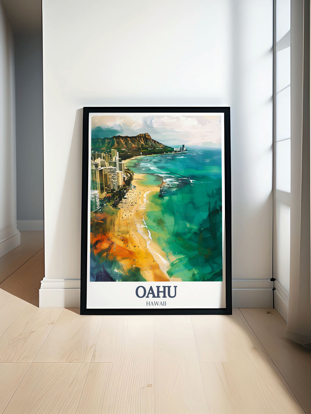 Stunning Oahu travel print showcasing Diamond Head and the golden sands of Waikiki Beach. This high quality wall art is a must have for those who adore Hawaii. Perfect as a gift or a décor piece, it captures the essence of the islands natural beauty.