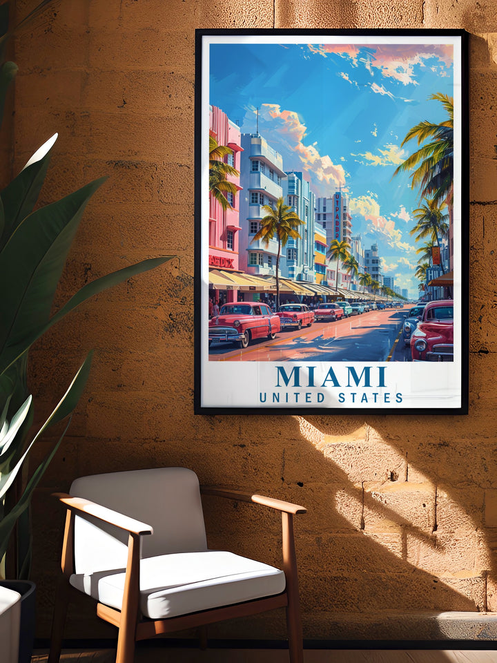 Celebrate Miamis rich architectural history with this Miami Poster featuring the bold shapes and vibrant colors of the Art Deco District. Whether as a gift or part of your own collection, this framed art brings the timeless appeal of Miami into your living room.