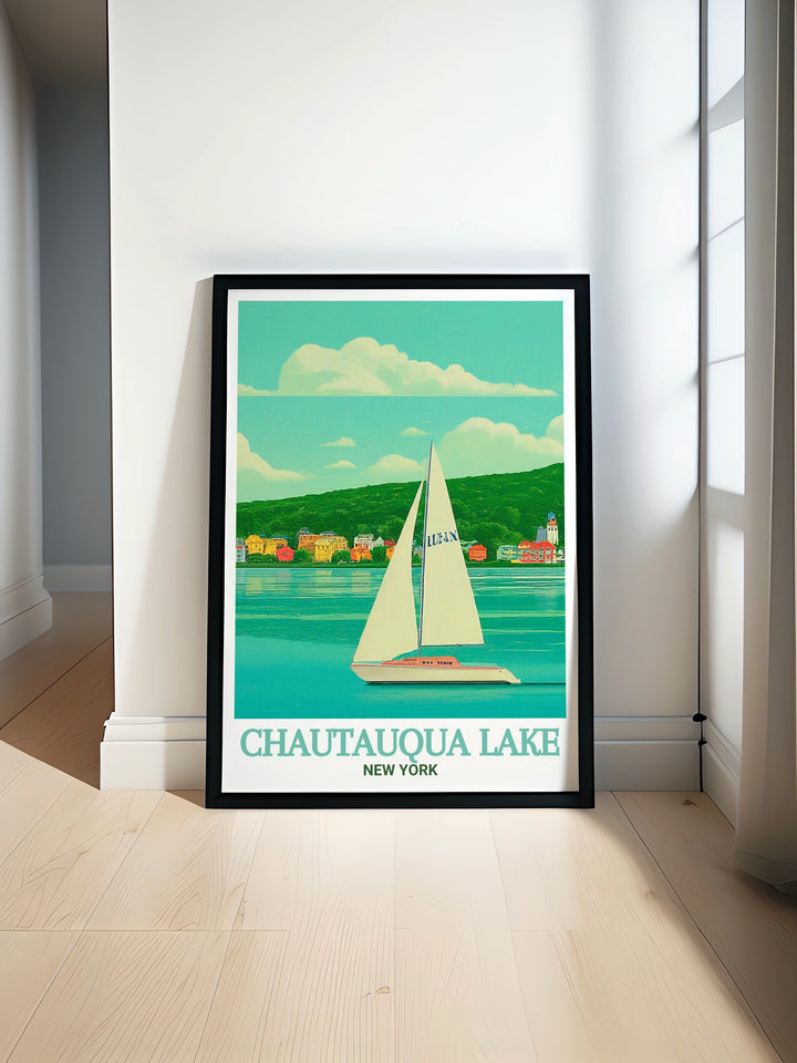 Enhance your home with this detailed art print of Chautauqua Lake, featuring the iconic landscape and serene waters of New York State. Ideal for anyone who appreciates the beauty of the great outdoors.