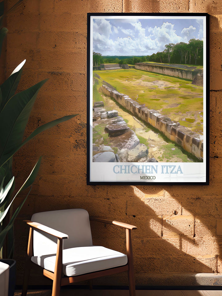 This Chichen Itza travel poster brings the ancient city to life, perfect for those who love historical landscapes. Featuring the iconic Great Ball Court, this travel poster is perfect for those who appreciate Mexicos archaeological and cultural richness.