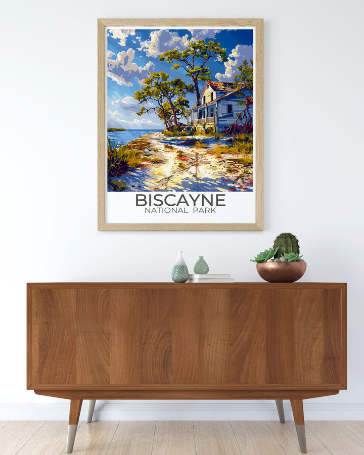 Captivating Biscayne National Park poster featuring The Maritime Heritage Trail and vibrant coral reefs, showcasing the parks natural beauty and historical charm. Perfect for adding a touch of adventure to your home decor.