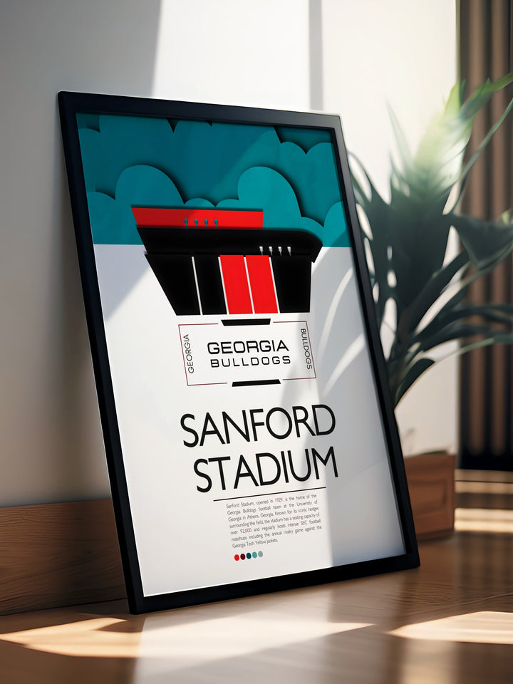 Capture the spirit of UGA football with this detailed travel poster of Touchdown Jesus at Sanford Stadium a perfect gift for Georgia Bulldogs supporters