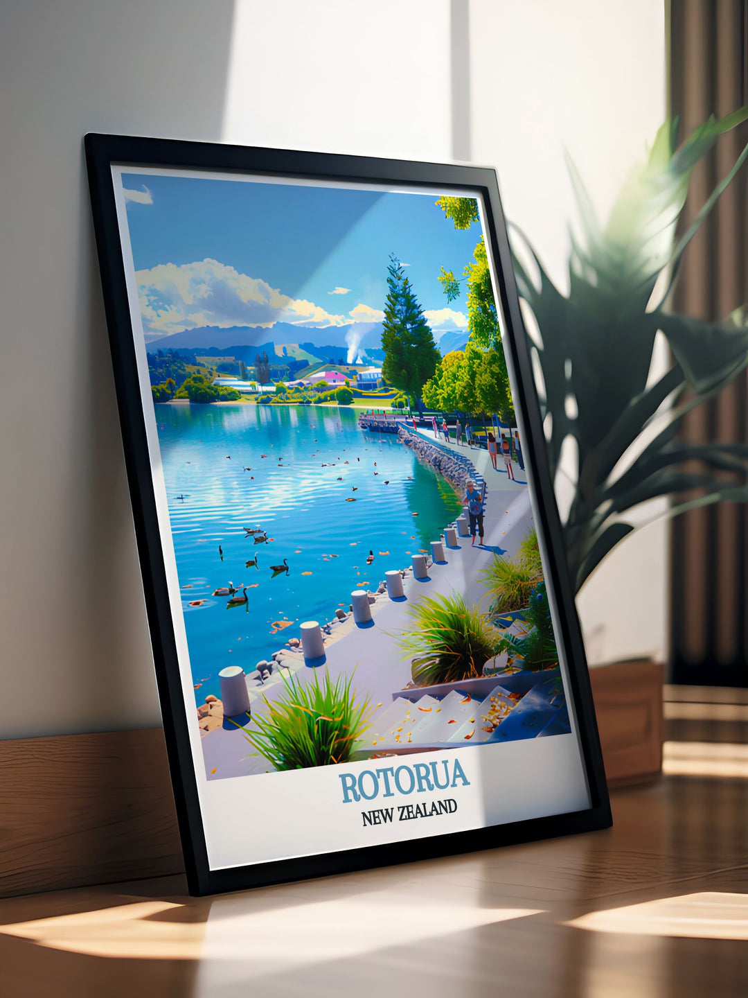 Unique Lake Rotorua artwork capturing the essence of Rotorua New Zealand. Perfect for home decor and as a special gift. This print will add a touch of elegance and tranquility to any room with its stunning depiction of Lake Rotorua.
