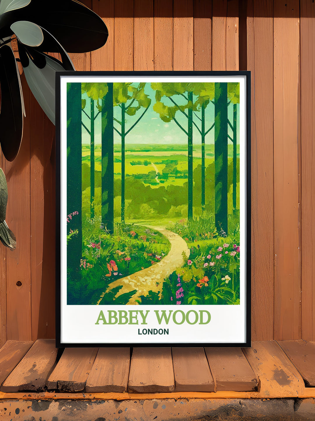 Vintage travel print of Abbey Wood featuring Lesnes Iron Window and Bostall Wood in South East London a perfect wall art piece for those who appreciate Londons rich history and serene green spaces