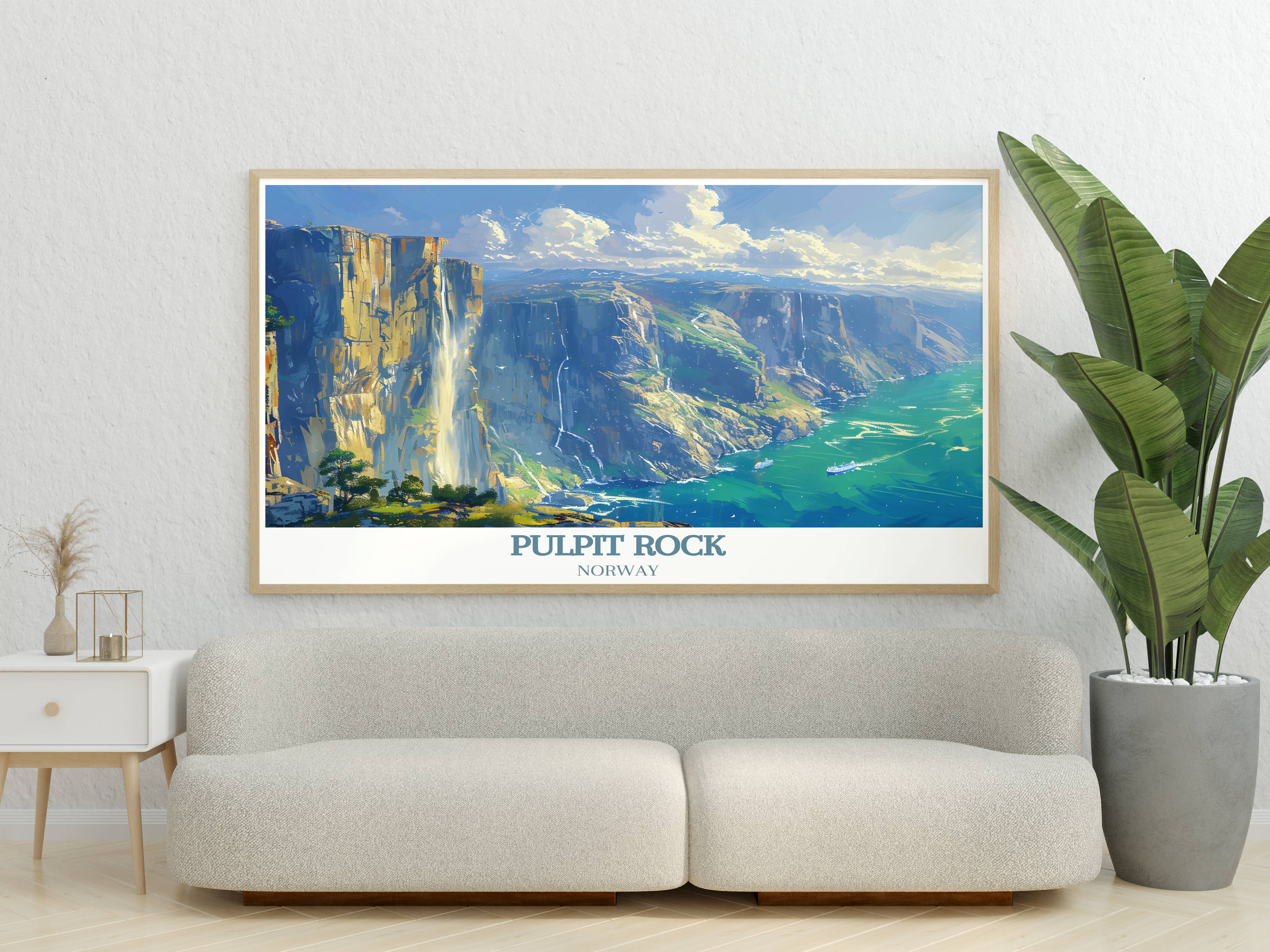 Lysefjord Norway art print wall decor featuring scenic fjord landscape with dramatic cliffs and pristine waters, majestic Nordic travel poster perfect for inspiring living room focal points and breathtaking Scandinavian interior design