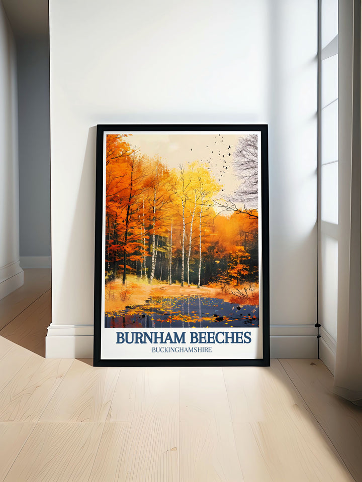 Stunning Burnham Beeches print highlighting the lush landscapes of Upper Pond and the charming ambiance of Farnham Common, ideal for nature enthusiasts and countryside lovers.