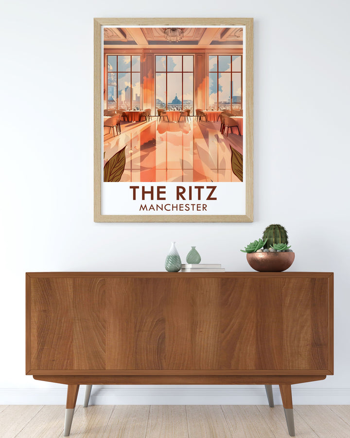 The Ritzs grand ballroom is beautifully illustrated in this art deco travel print. Perfect for anyone who loves Manchesters music and architectural history, this poster makes a stylish and timeless addition to any collection.