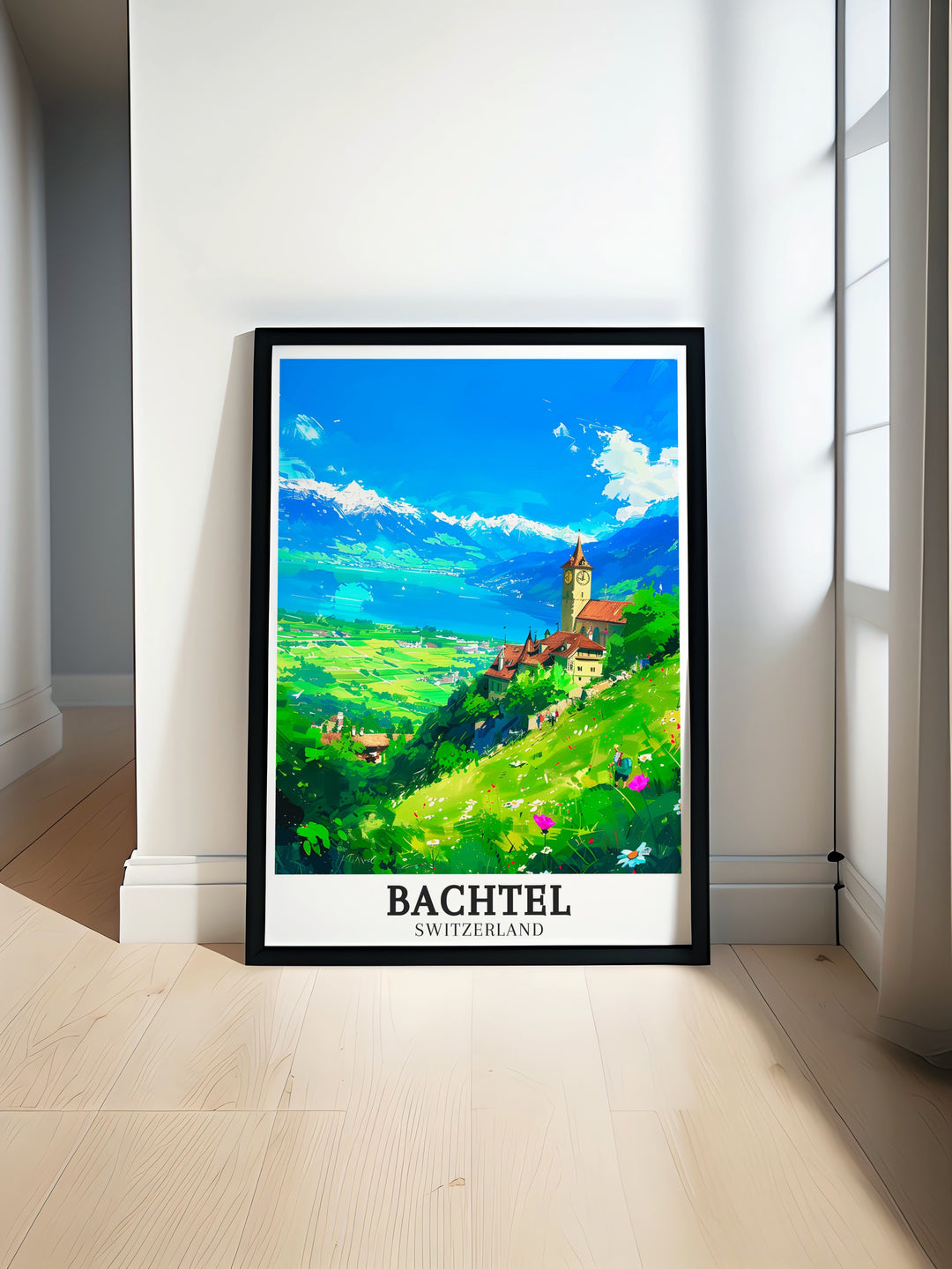 Vivid travel poster of Bachtel in the Swiss Alps, showcasing the stunning views and tranquil beauty of Lake Zurich. Ideal for enhancing your home decor with a touch of Swiss elegance. Perfect gift for any occasion, adding timeless beauty to any space.