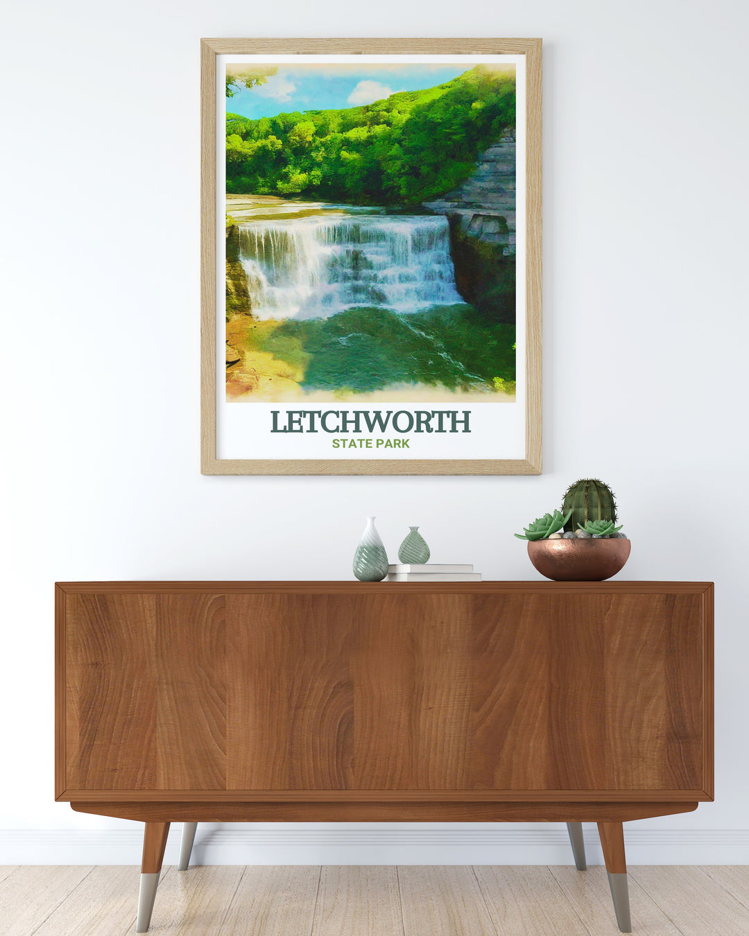 Lower Falls art print showcasing the powerful cascade and lush greenery of Letchworth State Park. This vibrant illustration captures the majestic beauty of Lower Falls, perfect for adding a touch of natures grandeur to your home decor.