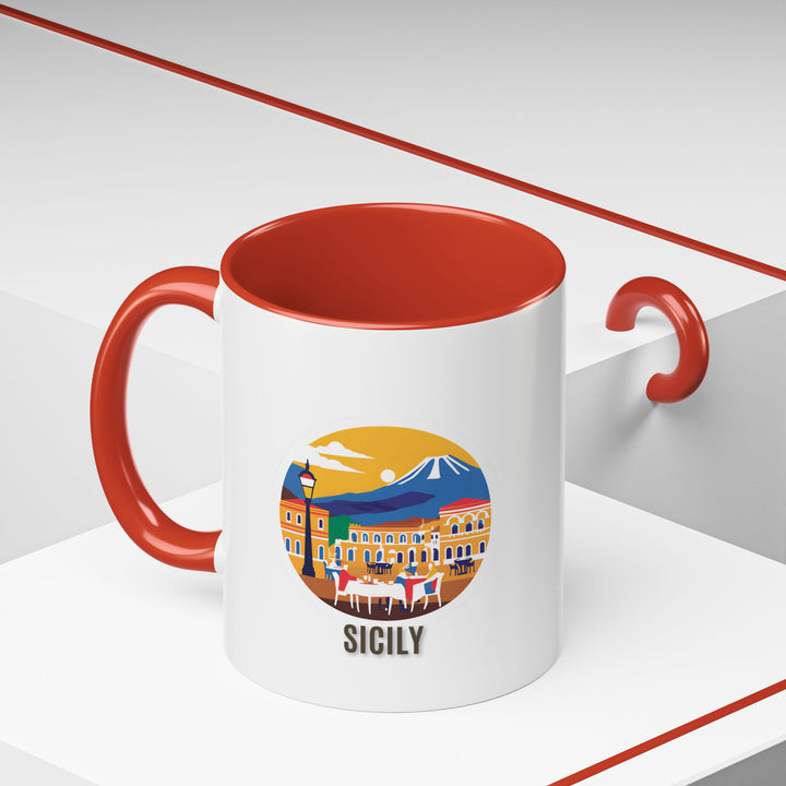 Celebrate the spirit of Sicily with this mug featuring vibrant images of the islands cultural highlights. Dishwasher and microwave safe, made from durable ceramic, ideal for coffee or tea lovers seeking a unique and artistic mug that captures Sicilys essence.