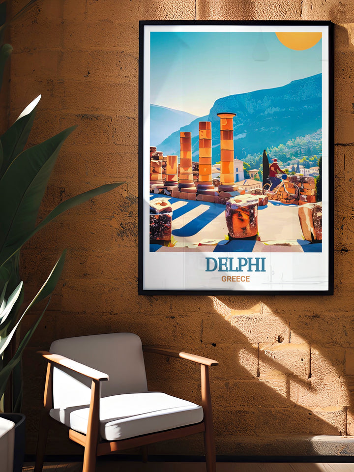 Delphi travel print capturing the timeless beauty of the Temple of Apollo, where ancient Greeces rich history meets stunning natural landscapes. This wall art showcases the temples majestic columns and the breathtaking view from Mount Parnassus. Perfect for home decor, this Greece poster brings a piece of ancient history into your space.