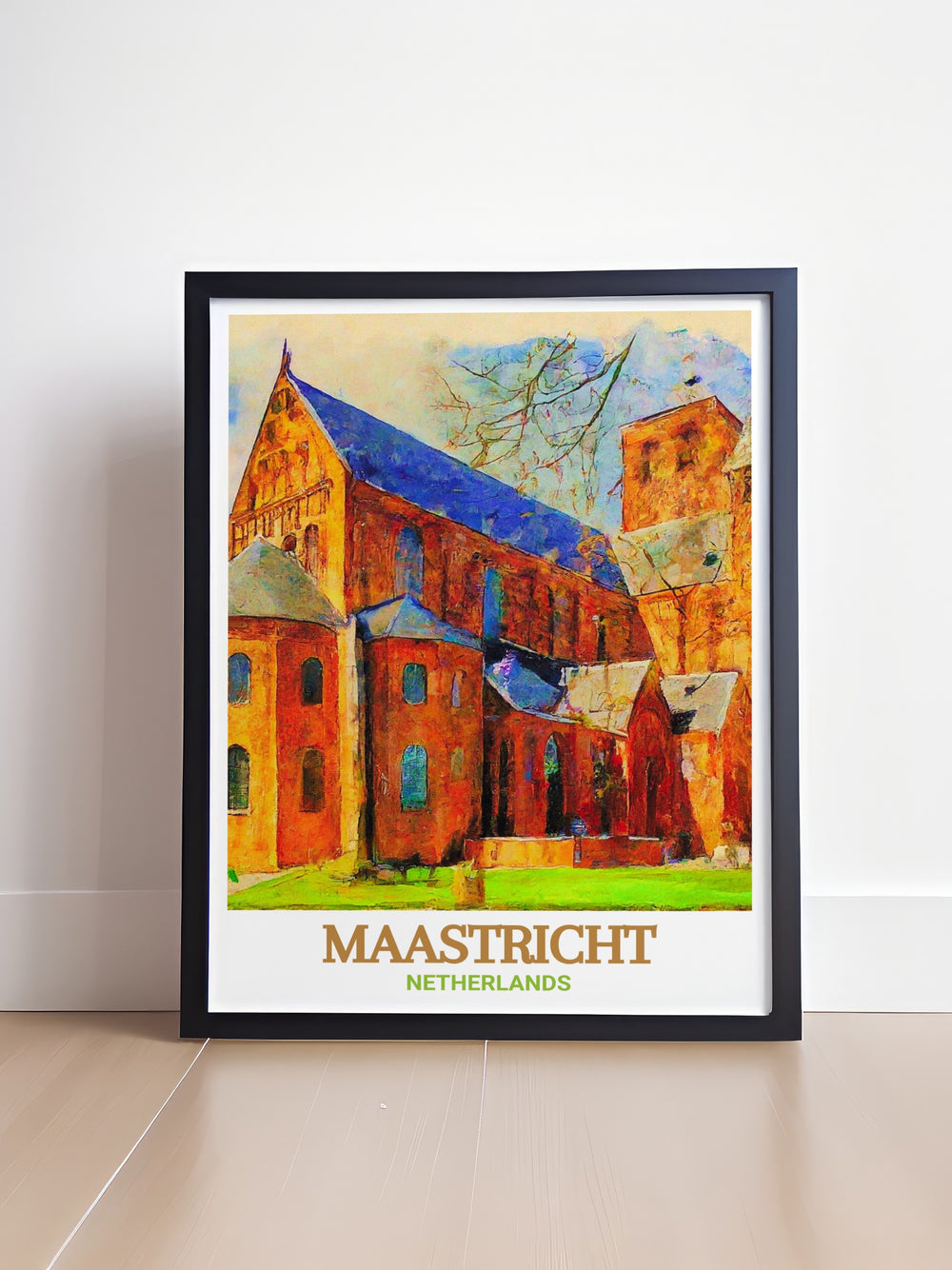 Netherlands Wall Art featuring the Basilica of Saint Servatius in Maastricht. This framed art print is a perfect representation of the rich cultural history of the Netherlands, making it an ideal Netherlands Gift. The high quality print ensures that the vibrant colors and fine details will last for years, adding a touch of historical charm to any room