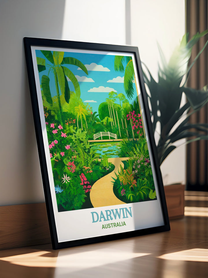 George Brown Darwin Botanic Gardens travel print capturing the lush tropical beauty of Darwin, Australia. This stunning wall art showcases the vibrant flora and serene landscapes, making it an ideal piece for home decor. Perfect for those who love Australias natural wonders and botanical gardens.