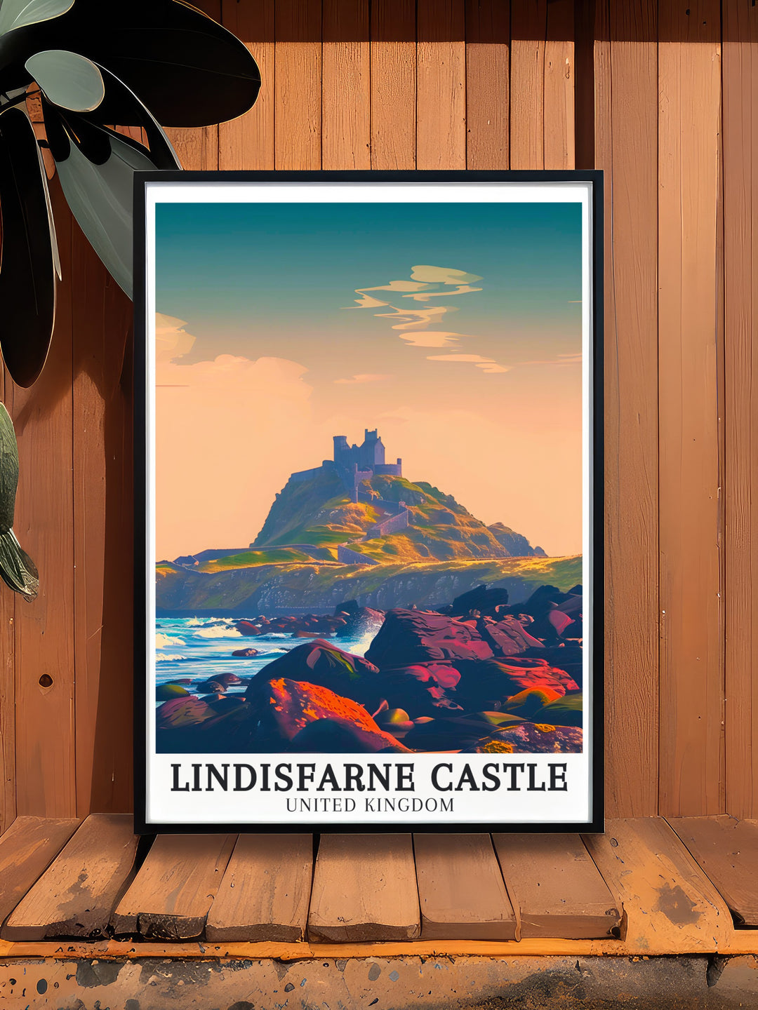 Holy Island Poster focusing on the picturesque landscapes surrounding Lindisfarne Castle, with the calm waters of the North Sea creating a serene backdrop. This poster is perfect for adding a sense of peace and tranquility to your space.