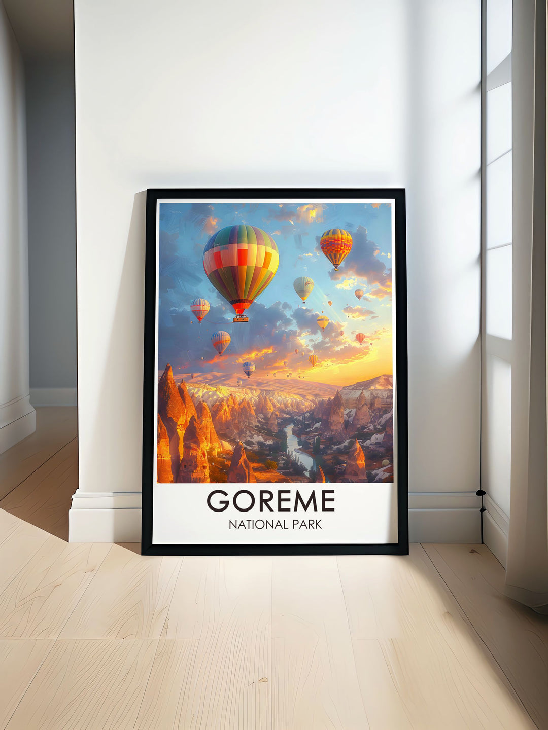 Featuring the magical scenery of Goreme National Park with its distinctive Fairy Chimneys and hot air balloons, this poster brings the enchanting beauty of Cappadocia, Turkey, into your home, perfect for any decor.