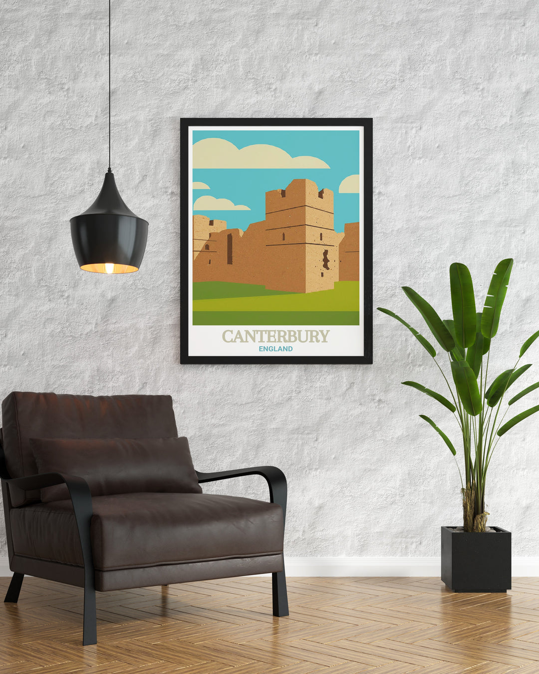 A detailed travel print of Canterbury, featuring the historic Canterbury Castle and the scenic beauty of the Kent coast. This wall art is a great addition to any home, celebrating the rich history and natural landscapes of this beloved region.