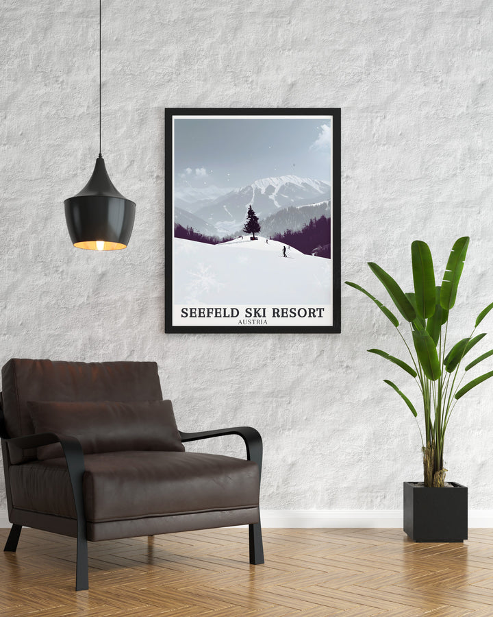 Beautiful Austrian Alps Region Seefeld Modern Print showcasing the famous Seefeld Ski Resort in Tyrol Austria. This art captures the majestic scenery of Gschwandtkopf and Rosshutte ideal for fans of Austria skiing and winter sports looking to enhance their home with stunning wall art.