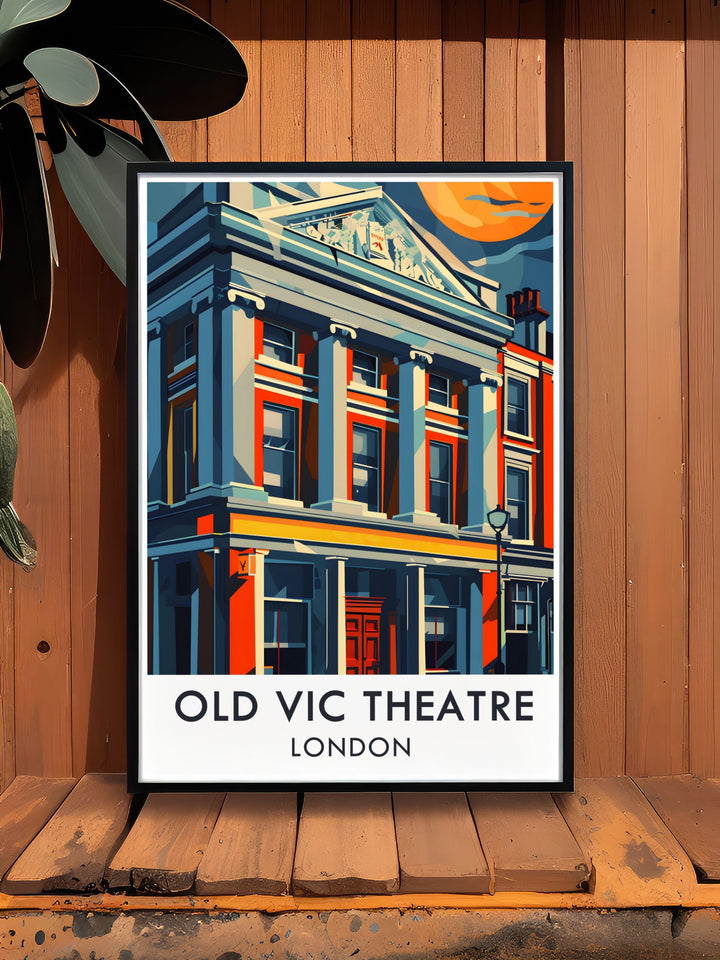 Featuring the exterior of The Old Vic Theatre, this London travel poster combines vibrant colors and a retro art deco style. The perfect gift for theatre enthusiasts and architecture lovers, this print brings the beauty of Londons West End into any room.