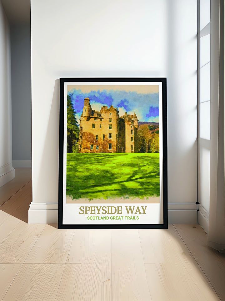 Ballindalloch Castle scenic poster featuring the impressive views and natural beauty of this landmark along the Speyside Way. This print is a thoughtful gift for nature and hiking enthusiasts, capturing the essence of Scotlands most iconic landmarks in vibrant detail.