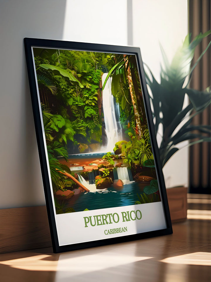 CARIBBEAN, El Yunque National Forest vintage poster with a rich color palette and detailed artwork. Perfect Arecibo gift for nature lovers and travel enthusiasts. Enhances home decor with a piece of Puerto Ricos beauty.