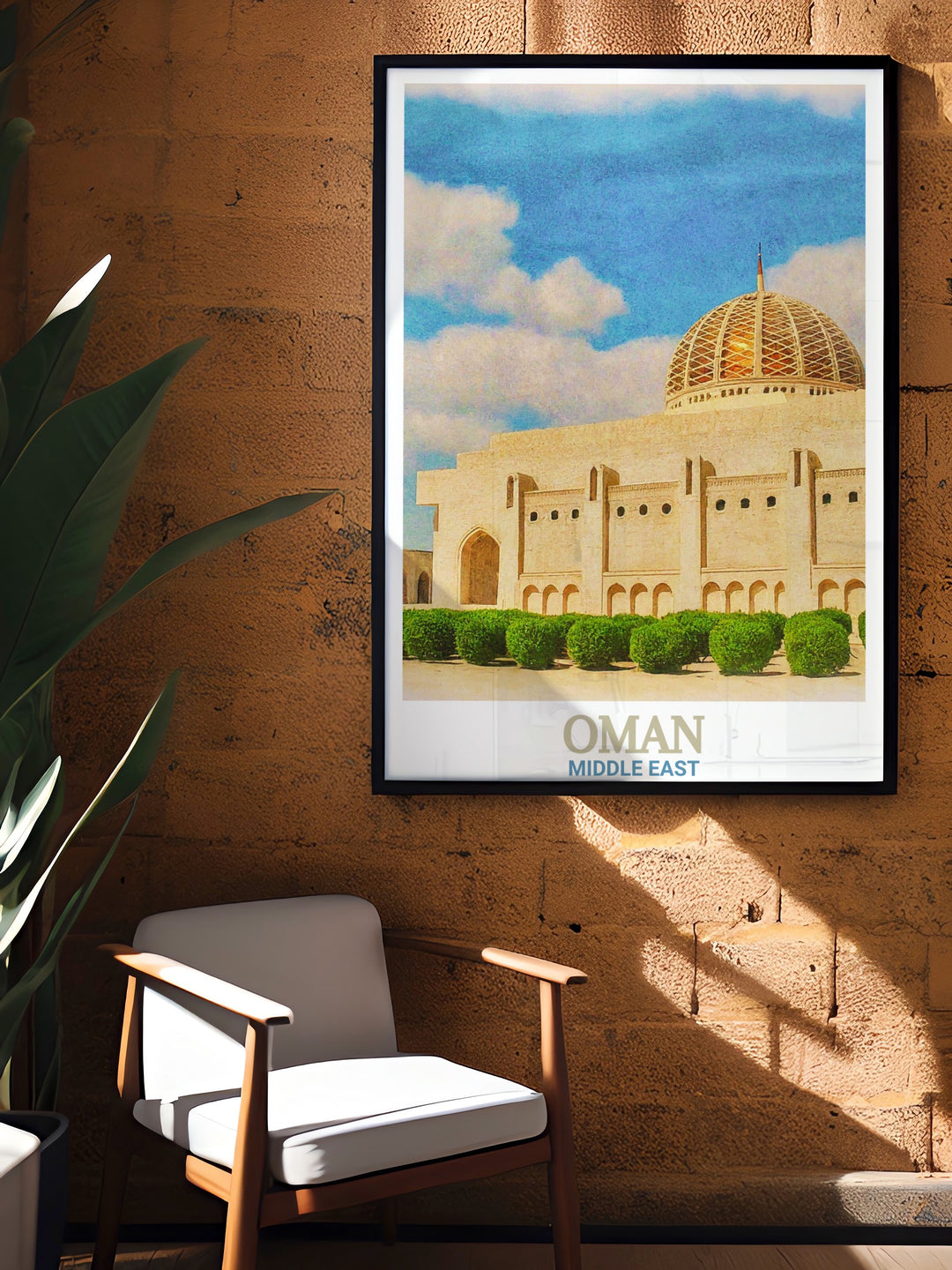 This digital poster print showcases the iconic Sultan Qaboos Grand Mosque in Oman, capturing its architectural beauty against the backdrop of Omans rich cultural heritage. Perfect for Middle Eastern decor, this travel art brings the elegance of Muscat into your space.